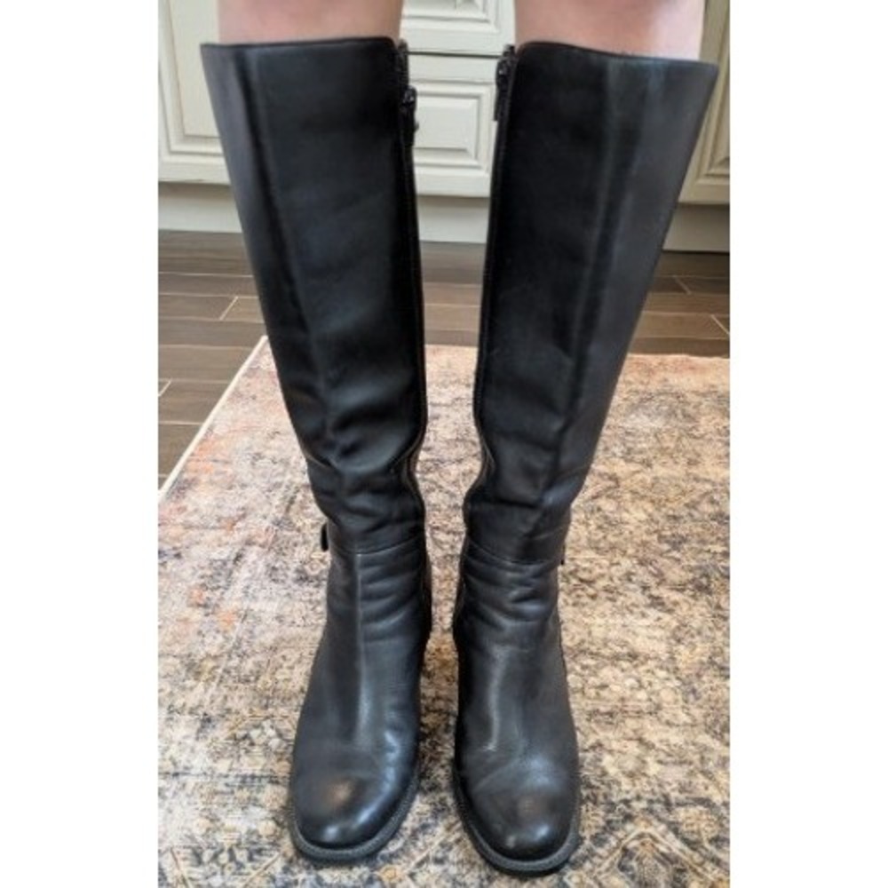 Merona Megan Black Leather Tall Knee High Block Heel Boots Womens 7.5 M
